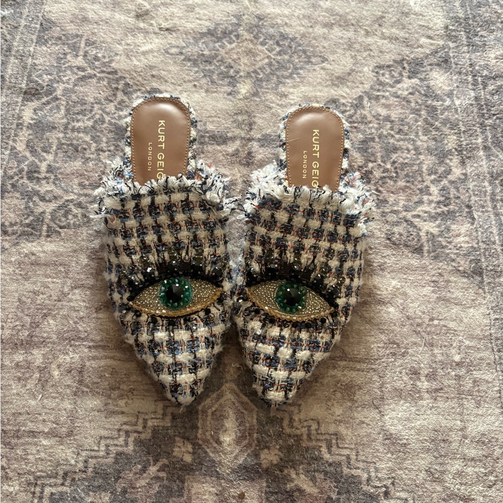 Kurt Geiger Tweed Pointed Mules with Jeweled Eye Detail - White, Black & Green